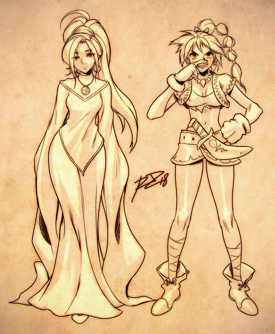 2girls bandage bandaged_leg braid breasts chrono_cross chrono_trigger cleavage contrapposto crop_top cropped_vest dress earrings frown gloves greyscale hand_on_hip high_ponytail highres hoop_earrings jewelry kid_(chrono_cross) medium_breasts midriff miniskirt monochrome multiple_girls navel necklace pendant robert_porter schala_zeal sepia signature single_braid sketch skirt sleeves_past_wrists smile sword torn_clothes weapon