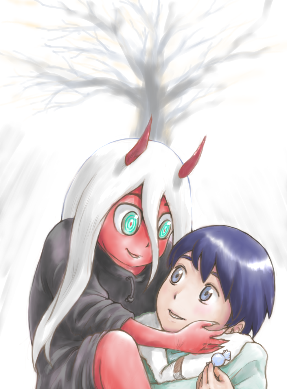 1boy 1girl bandage black_cloak black_hair blue_eyes candy cloak coat commentary couple darling_in_the_franxx food fur_trim green_eyes grey_coat hand_on_another's_face hetero highres hiro_(darling_in_the_franxx) holding holding_candy hood hooded_cloak horns long_hair looking_at_another nail oni_horns parka red_horns red_skin sat31063106 short_hair sleeves_rolled_up spoilers tree white_hair winter_clothes winter_coat younger zero_two_(darling_in_the_franxx)