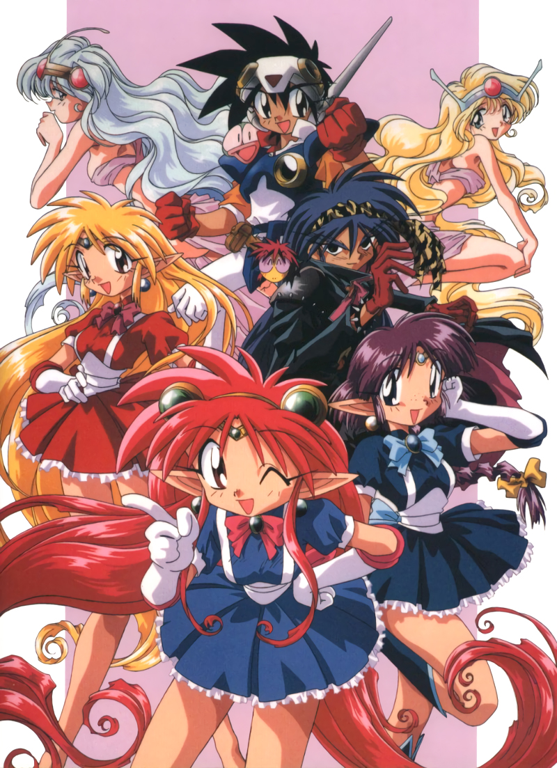 2girls 5girls 90s arara_cocoa arara_milk baba_lamune bandanna black_eyes black_hair blonde_hair blue_dress blue_eyes blue_hair bracelet braid cape clenched_hands da_cider dress earrings elbow_gloves eyebrows_visible_through_hair freckles gloves hand_on_hip hand_on_own_face headdress headgear hebimetako index_finger_raised jewelry long_hair long_sleeves looking_at_viewer low-tied_long_hair multiple_girls official_art one_eye_closed open_mouth pointy_ears profile purple_hair red_dress red_eyes red_gloves redhead short_hair short_sleeves spiked_bracelet spikes tama-q tiara twintails very_long_hair vs_knight_lamune_&amp;_40_fire white_gloves white_hair