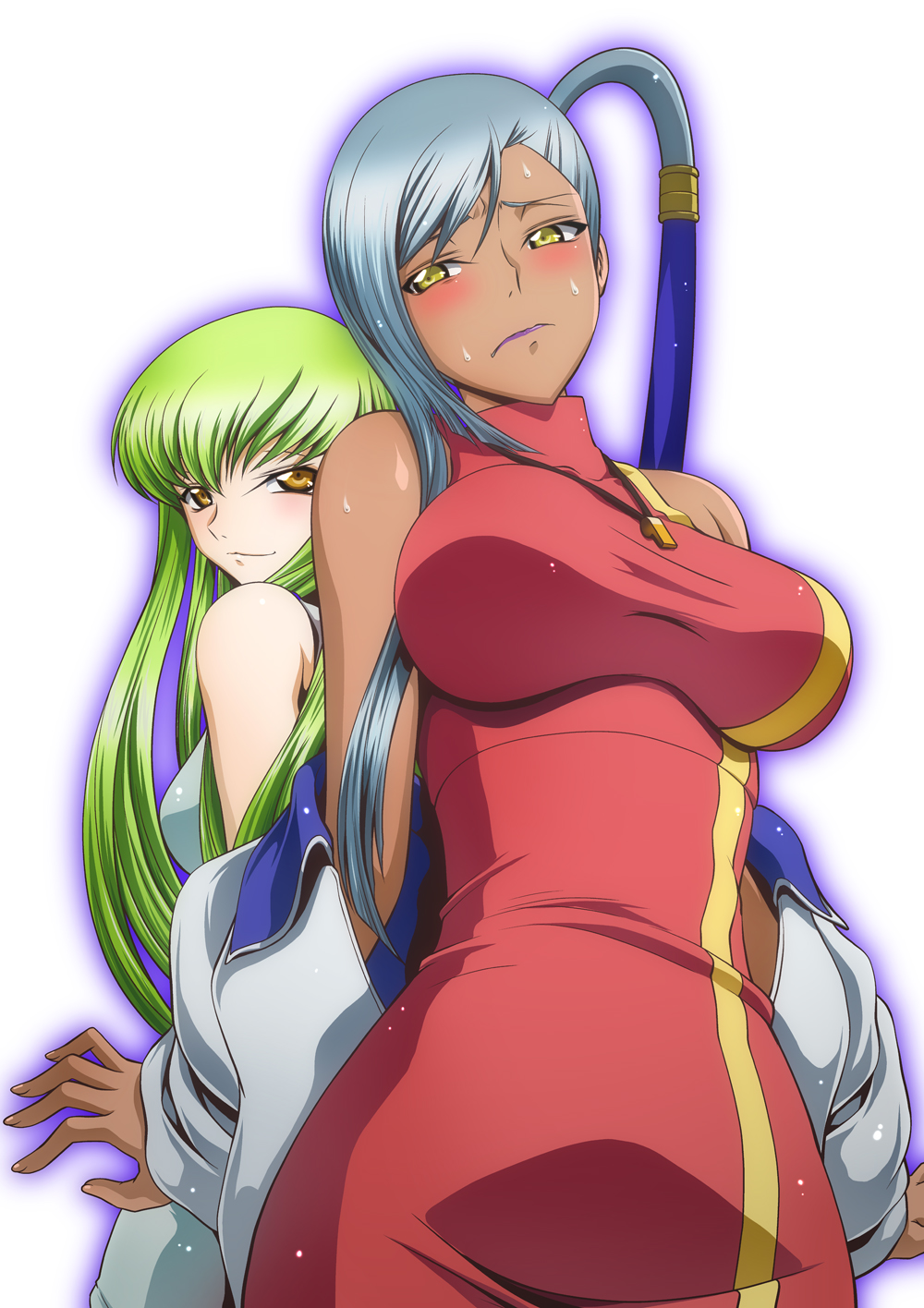 2girls breasts c.c. code_geass commentary_request dark_skin green_hair highres kaname_aomame lipstick long_hair looking_at_viewer looking_back makeup multiple_girls ponytail shiny shiny_skin silver_hair simple_background smile sweat undressing villetta_nu whistle white_background yellow_eyes