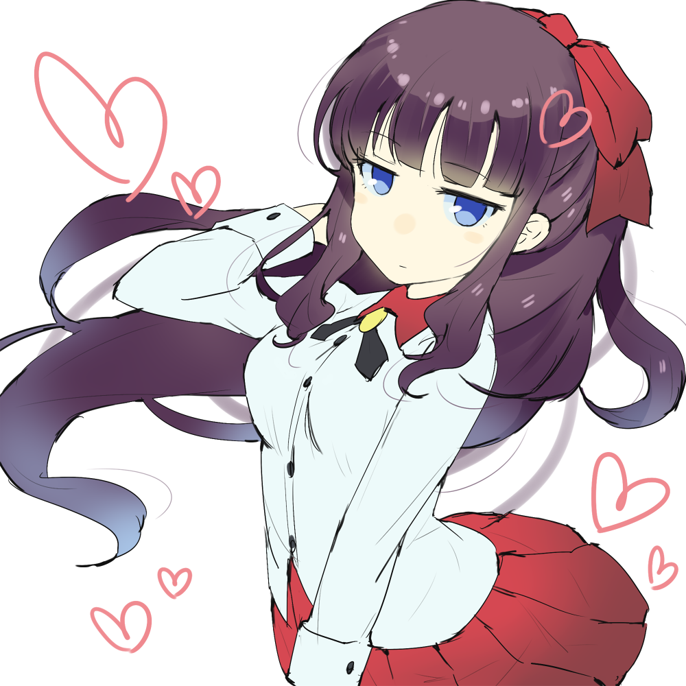 1girl ascot bangs black_hair black_neckwear blue_eyes blunt_bangs bow closed_mouth collared_shirt dress_shirt eyebrows_visible_through_hair gedou_(ge_ge_gedou) hair_bow hand_in_hair heart light_frown long_hair looking_at_viewer miniskirt new_game! pleated_skirt ponytail red_bow red_skirt shirt sidelocks skirt solo standing takimoto_hifumi upper_body very_long_hair white_background white_shirt