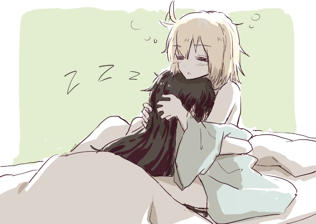 2girls ahoge bangs bare_shoulders black_hair blanket blonde_hair blush closed_eyes expressive_hair fate_(series) haori hug japanese_clothes koha-ace long_hair multiple_girls nejikyuu oda_nobunaga_(fate) okita_souji_(fate) open_mouth pillow short_hair sitting sketch sleeping waking_up wide_sleeves yuri zzz