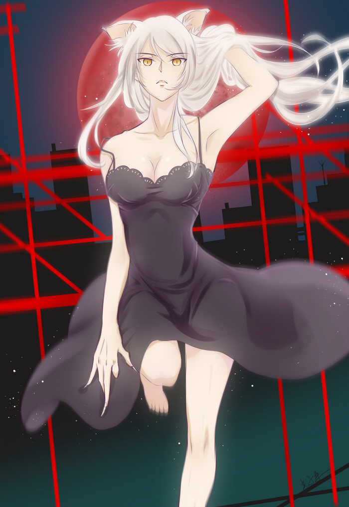 1girl adjusting_hair animal_ears arm arm_up armpits bakemonogatari bangs bare_arms bare_legs bare_shoulders barefoot black_dress black_hanekawa breasts building cat_ears cat_girl cleavage collarbone commentary_request dark_persona dress female fingernails floating_hair hanekawa_tsubasa jiazisang large_breasts legs long_fingernails long_hair looking_at_viewer monogatari_(series) monster_girl moon neck nekomonogatari night open_mouth red_moon serious slit_pupils solo standing strap_slip swept_bangs very_long_hair white_hair yellow_eyes