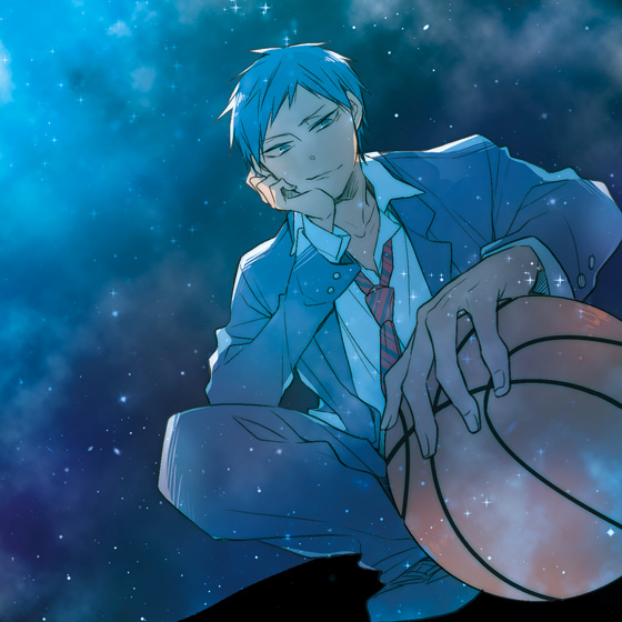 1boy aomine_daiki ball basketball blue_eyes blue_hair collared_shirt diagonal-striped_neckwear diagonal_stripes foreshortening hand_on_own_cheek head_rest kuroko_no_basuke looking_at_viewer looking_down male_focus necktie night night_sky noeru_(putty) pants red_neckwear school_uniform shirt shoes sky solo squatting star_(sky) starry_sky striped striped_neckwear white_shirt