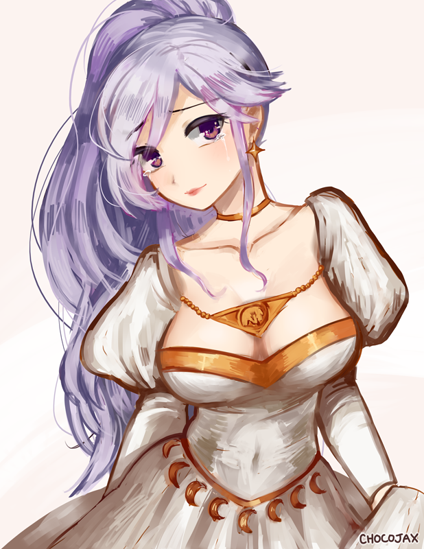 1girl :o artist_name blush breasts chocojax choker cleavage collarbone dress earrings fire_emblem fire_emblem:_seisen_no_keifu fire_emblem_heroes head_tilt ishtar_(fire_emblem) jewelry large_breasts lavender_hair long_hair looking_at_viewer ponytail solo tears violet_eyes wedding_dress white_dress