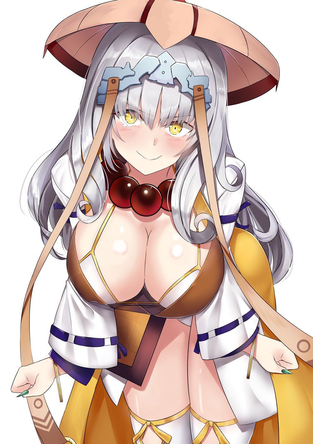 1girl beads bending_forward bikini blush breasts carmilla_(fate/grand_order) cleavage cosplay embarrassed fate/grand_order fate_(series) fingernails hat highres i.f.s.f large_breasts leaning_forward long_fingernails long_hair looking_at_viewer prayer_beads silver_hair smile solo swimsuit xuanzang_(fate/grand_order) xuanzang_(fate/grand_order)_(cosplay) yellow_eyes