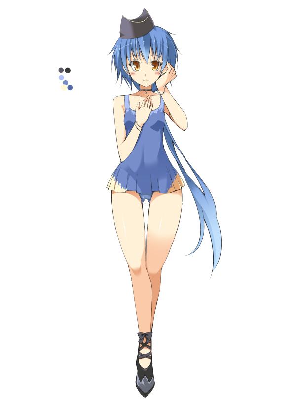 1girl black_footwear blue_hair blue_swimsuit bracelet character_request color_guide full_body hand_up hat jewelry long_hair monster_hunter one-piece_swimsuit oota_yuuichi orange_eyes personification ponytail shoes simple_background smile solo standing swimsuit very_long_hair white_background