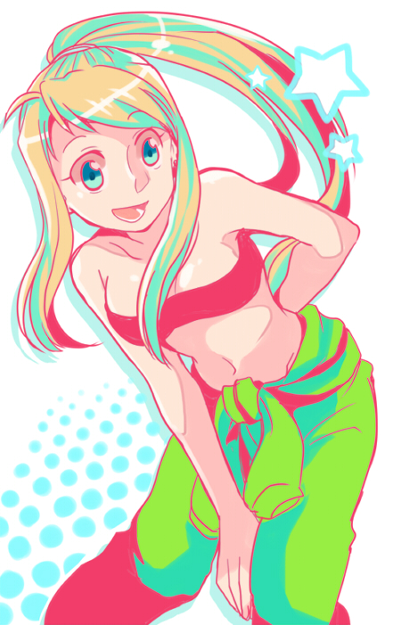 1girl :d arm_behind_back bangs bare_arms bare_shoulders blonde_hair blue_background blue_eyes breasts eyebrows_visible_through_hair floating_hair fullmetal_alchemist green_hair green_pants halftone halftone_background happy leaning_forward long_hair looking_away multicolored_hair navel open_mouth pants ponytail shirou_(vista) simple_background smile solo_focus spread_legs star tank_top two-tone_background white_background winry_rockbell