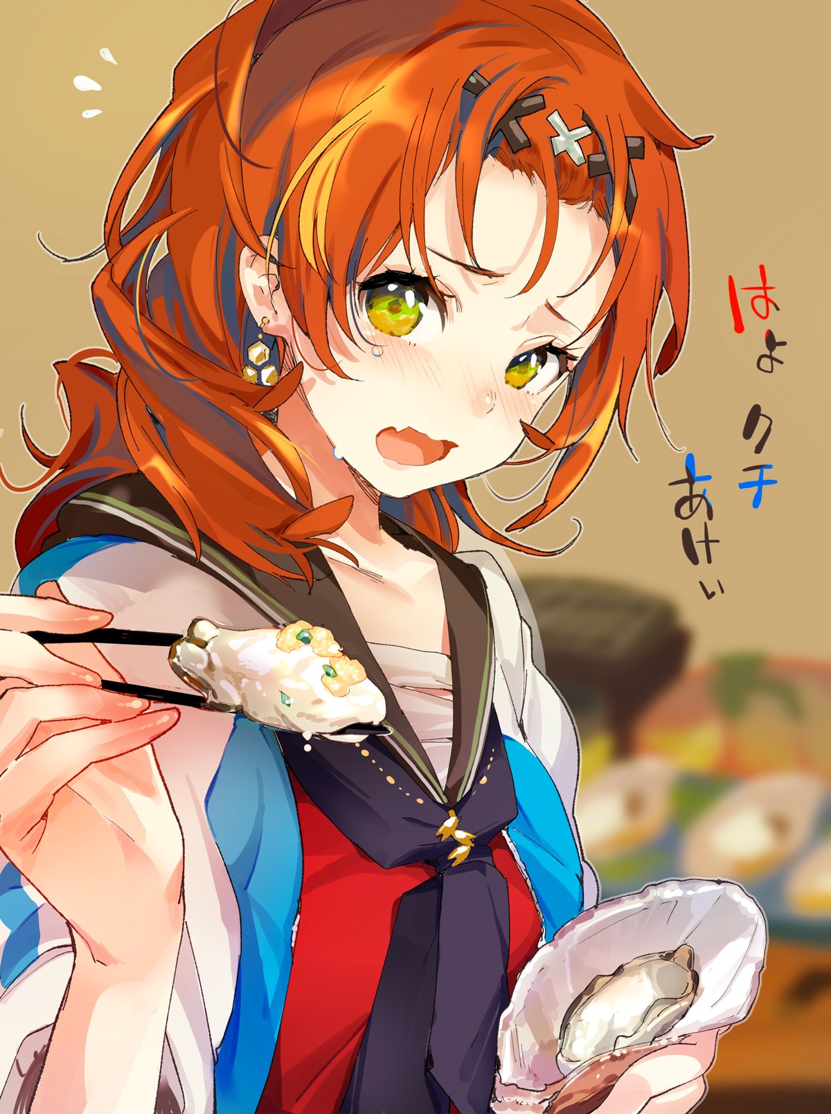 1girl black_sailor_collar blurry blurry_background blush chopsticks commentary_request depth_of_field earrings fang flying_sweatdrops food green_eyes hair_ornament highres holding holding_chopsticks holding_food jewelry long_hair looking_at_viewer miyahama_hitoka multicolored multicolored_eyes neckerchief official_art onsen_musume open_mouth purple_neckwear red_shirt redhead sailor_collar school_uniform serafuku shirt short_sleeves solo souji_hougu sweatdrop tears upper_body yellow_eyes