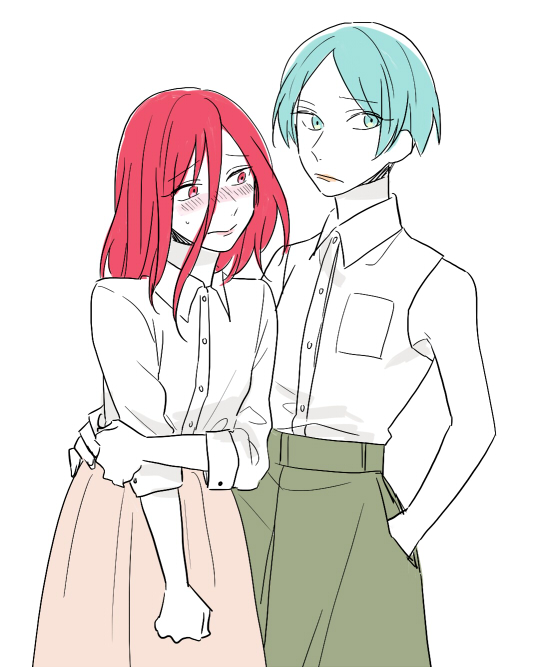 2others alternate_costume androgynous aqua_eyes aqua_hair arm_around_waist blush contemporary embarrassed green_eyes green_hair hair_between_eyes hand_in_pocket holding_own_arm houseki_no_kuni lipstick long_bangs looking_at_viewer makeup multiple_others phosphophyllite red_eyes redhead shinsha_(houseki_no_kuni) skirt sleeveless white_background