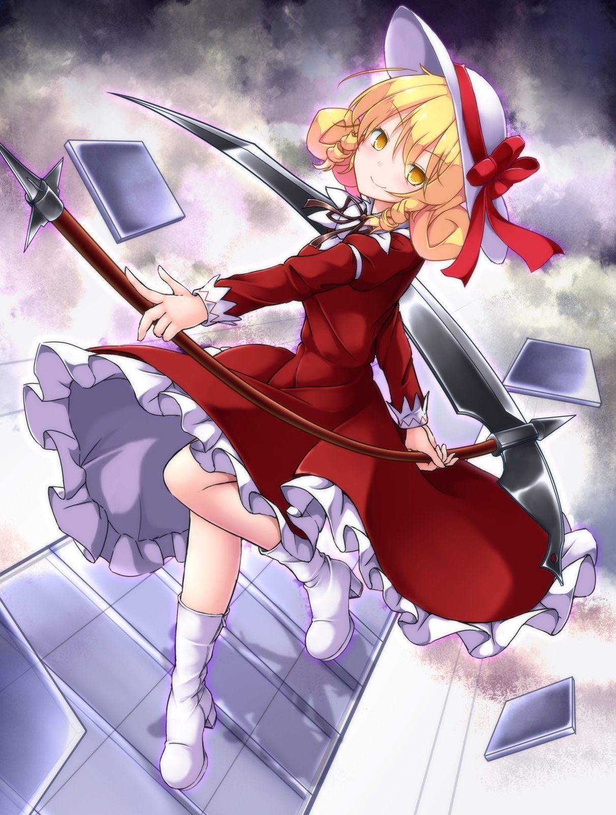 1girl aka_tawashi bangs blonde_hair boots bow commentary_request dress elly hat hat_bow hat_ribbon highres holding holding_scythe long_sleeves looking_at_viewer red_bow red_dress red_ribbon ribbon scythe short_hair smile solo touhou touhou_(pc-98) white_footwear white_hat yellow_eyes