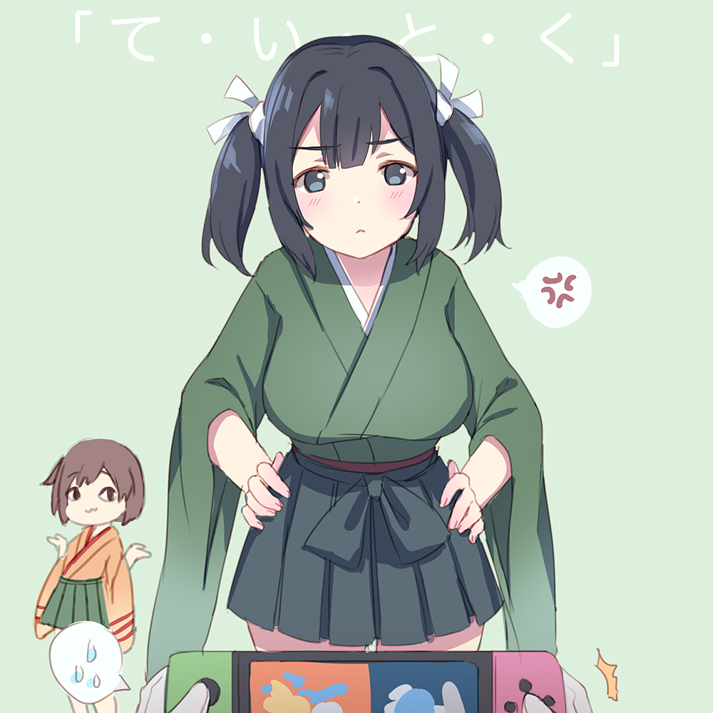 2girls :3 admiral_(kantai_collection) anger_vein blue_eyes blue_hair blush brown_eyes brown_hair emia_wang gloves green_background green_hakama green_kimono hakama hakama_skirt hiryuu_(kantai_collection) holding japanese_clothes kantai_collection kimono multiple_girls nintendo nintendo_switch one_side_up orange_kimono playing_games short_hair simple_background souryuu_(kantai_collection) spoken_anger_vein spoken_sweatdrop sweatdrop translated twintails white_gloves wide_sleeves