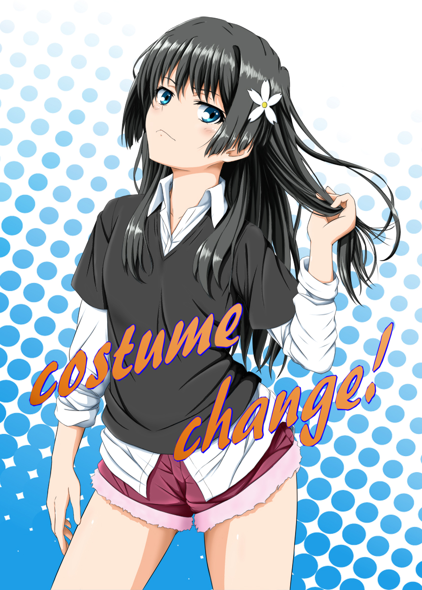 1girl black_hair black_shirt casual commentary_request cover cover_page cowboy_shot doujin_cover dress_shirt flower green_eyes hair_flower hair_ornament highres ken'ichi_(silvian125jp) long_hair long_sleeves looking_at_viewer pink_shorts polka_dot polka_dot_background saten_ruiko shirt shirt_under_shirt shorts smug solo to_aru_kagaku_no_railgun to_aru_majutsu_no_index