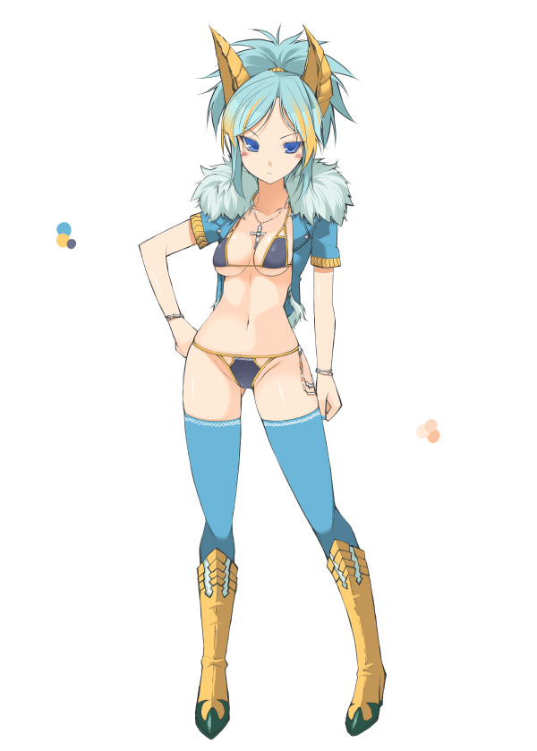 1girl bikini blue_bikini blue_eyes blue_hair blue_legwear blush boots breasts character_request closed_mouth color_guide crop_top cross cross_necklace full_body fur_trim hand_on_hip horns jacket jewelry latin_cross medium_breasts monster_hunter necklace oota_yuuichi open_clothes open_jacket personification ponytail short_hair simple_background solo standing swimsuit thigh-highs white_background yellow_footwear