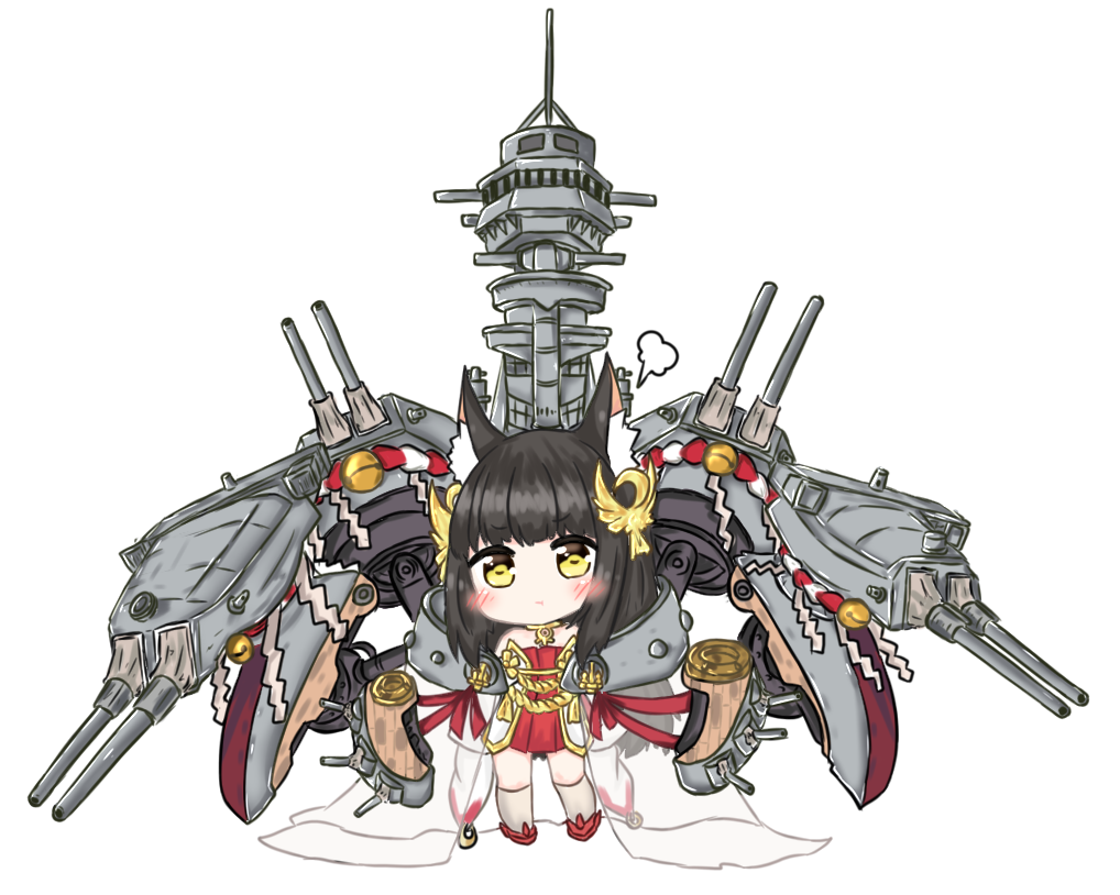 1girl :t animal_ears azur_lane bailingxiao_jiu bangs bare_shoulders black_hair blush cannon chibi closed_mouth commentary_request dress eyebrows_visible_through_hair hair_ornament kneehighs long_hair long_sleeves machinery nagato_(azur_lane) pout red_dress red_footwear rope shide shimenawa simple_background sleeves_past_fingers sleeves_past_wrists solo standing strapless strapless_dress turret white_background white_legwear wide_sleeves yellow_eyes