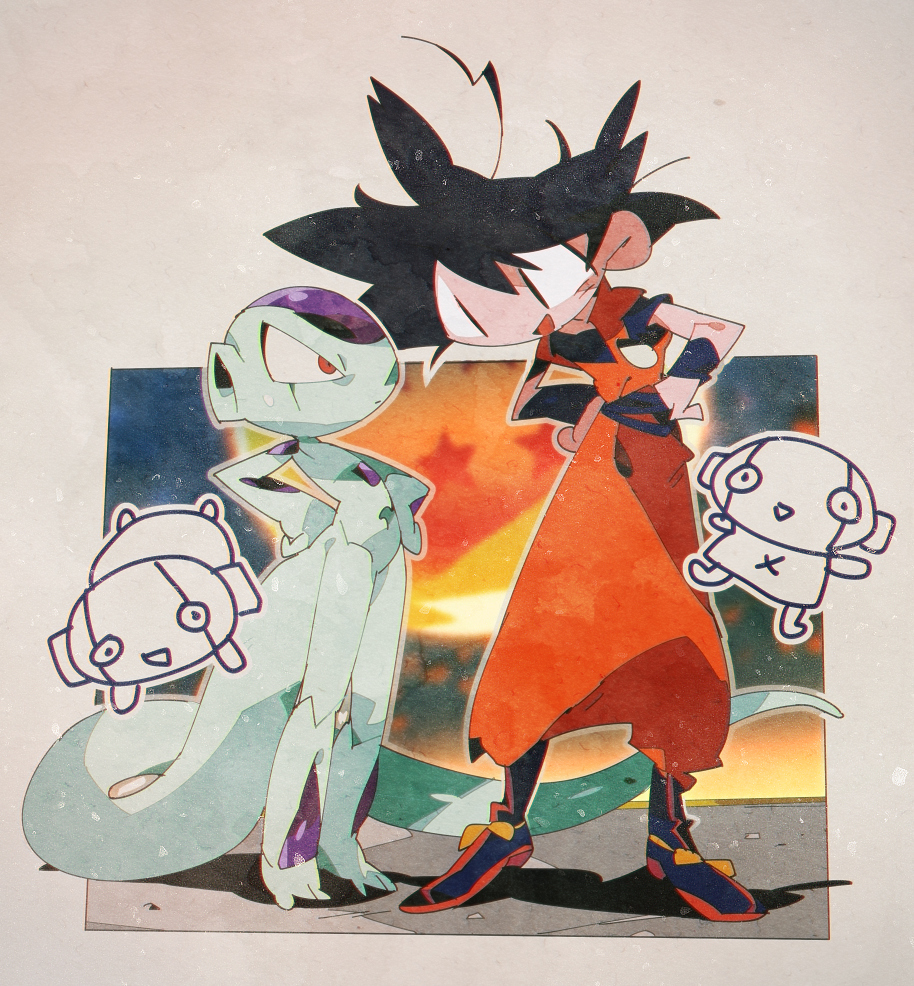 4boys :d black_eyes black_hair boots dougi dragon_ball dragon_ball_(object) dragon_ball_super dragonball_z expressionless flying frieza frown full_body hand_on_hip happy height_difference leaning_forward looking_at_another monochrome multiple_boys open_mouth red_eyes shaded_face shadow short_hair simple_background smile son_gokuu spiky_hair standing suzuka_g sweatdrop tail white_background wristband zen'ou_(dragon_ball)