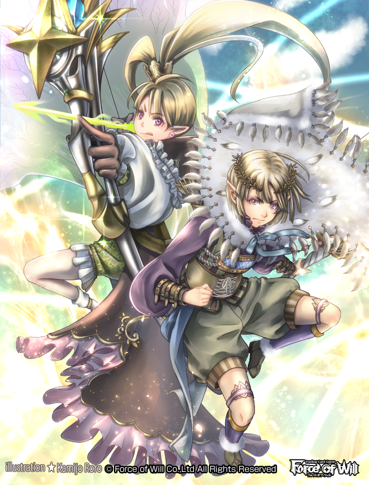 1boy 1girl arrow blonde_hair boots bow_(weapon) brother_and_sister cape cecil_letoliel_(force_of_will) copyright_name crown earrings elf force_of_will fur_trim gloves jewelry kamijororo long_hair official_art pointy_ears ponytail siblings sparkle tia_letoliel_(force_of_will) tiara tongue tongue_out violet_eyes weapon