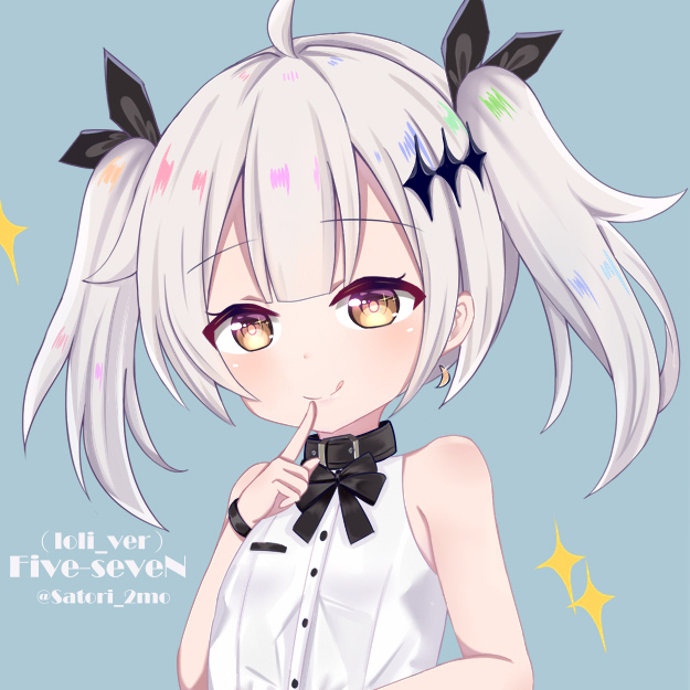 1girl :q ahoge bangs bare_shoulders black_ribbon blue_background blush brown_eyes character_name closed_mouth commentary_request crescent crescent_earrings dress earrings eyebrows_visible_through_hair finger_to_mouth five-seven_(girls_frontline) girls_frontline hair_ornament hair_ribbon hand_up head_tilt jewelry looking_at_viewer ribbon satori_(ymoy) silver_hair simple_background sleeveless sleeveless_dress smile solo sparkle tongue tongue_out twintails white_dress