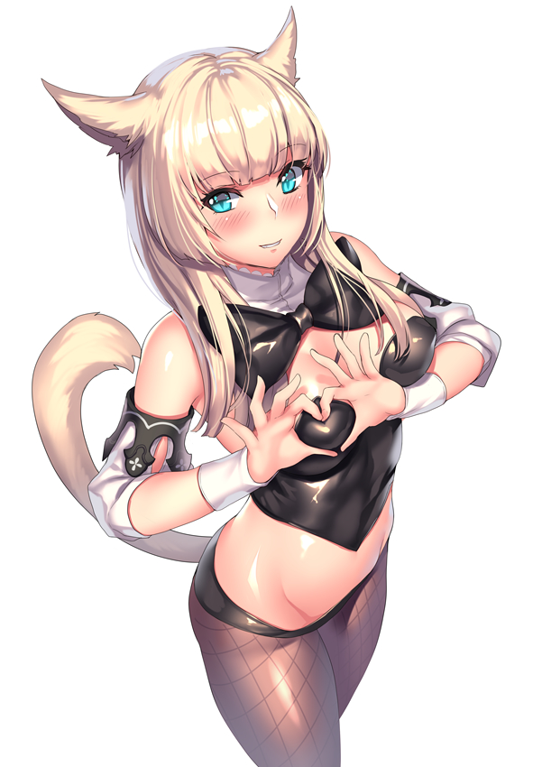 1girl animal_ears aqua_eyes aruma_jiki blonde_hair blush bow breasts bustier cat_ears cat_tail detached_sleeves eyebrows_visible_through_hair final_fantasy final_fantasy_xiv from_above heart heart-shaped_pupils long_hair looking_at_viewer looking_up medium_breasts midriff miqo'te pantyhose smile solo symbol-shaped_pupils tail white_background wrist_cuffs