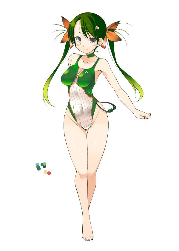 1girl bare_arms bare_legs bare_shoulders barefoot blush bow breasts closed_mouth color_guide eyebrows_visible_through_hair full_body gluteal_fold gradient_hair green_hair green_plesioth grey_eyes hair_bow looking_at_viewer medium_breasts monster_hunter multicolored multicolored_clothes multicolored_hair multicolored_swimsuit one-piece_swimsuit oota_yuuichi orange_bow personification simple_background smile solo standing swimsuit thigh_gap twintails white_background