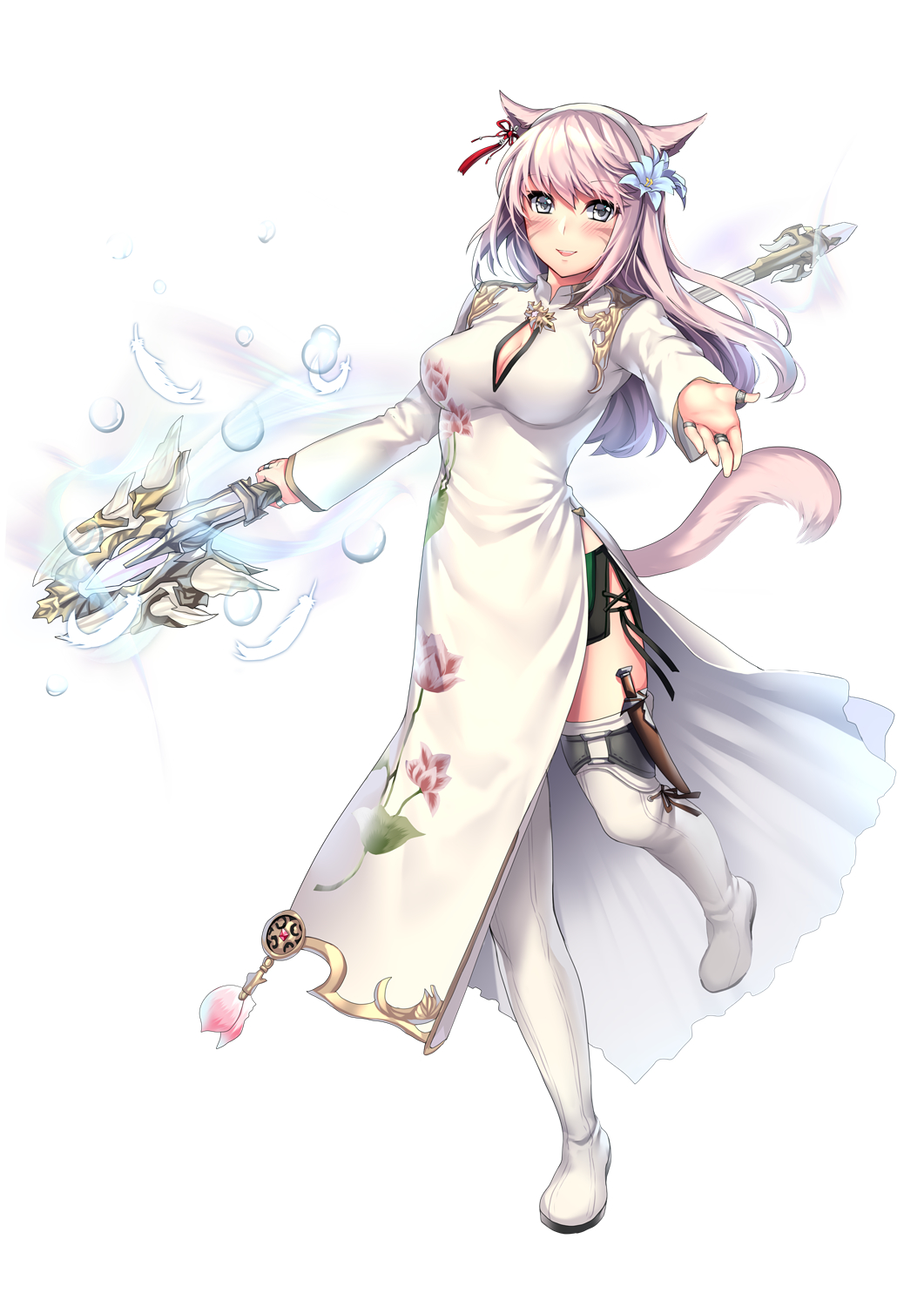 1girl animal_ears aruma_jiki blush boots breasts cat_ears cat_tail china_dress chinese_clothes cleavage cleavage_cutout dress earrings eyebrows_visible_through_hair facial_mark final_fantasy final_fantasy_xiv flower grey_eyes hair_flower hair_ornament hairband highres holding holding_staff jewelry large_breasts long_hair looking_at_viewer miqo'te open_mouth ring side_slit silver_hair solo staff tail thigh-highs thigh_boots thumb_ring
