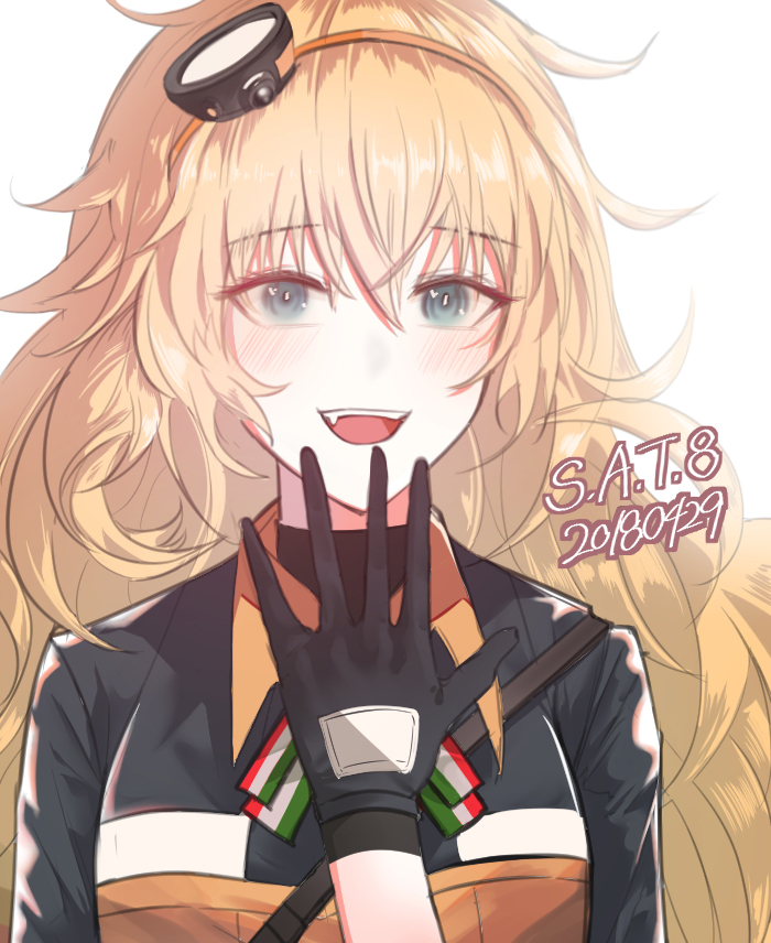 black_gloves blonde_hair cizzi girls_frontline gloves green_eyes hairband jacket long_hair looking_at_viewer open_mouth s.a.t.8_(girls_frontline) sharp_teeth teeth yellow_hairband yellow_jacket