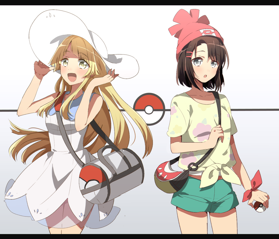 2girls :d :o aqua_shorts bag bang_dream! bangs beanie black_hair blonde_hair cosplay cowboy_shot dress duffel_bag floral_print gradient gradient_background grey_eyes hair_ornament harusawa hat holding holding_poke_ball letterboxed lillie_(pokemon) lillie_(pokemon)_(cosplay) long_hair mizuki_(pokemon) mizuki_(pokemon)_(cosplay) multiple_girls okusawa_misaki open_mouth poke_ball poke_ball_print pokemon pokemon_(game) pokemon_sm print_shirt red_hat red_ribbon ribbon shirt short_hair short_shorts short_sleeves shorts shoulder_bag sidelocks sleeveless sleeveless_dress smile sun_hat tied_shirt tsurumaki_kokoro white_dress white_hat wrist_ribbon yellow_eyes yellow_shirt