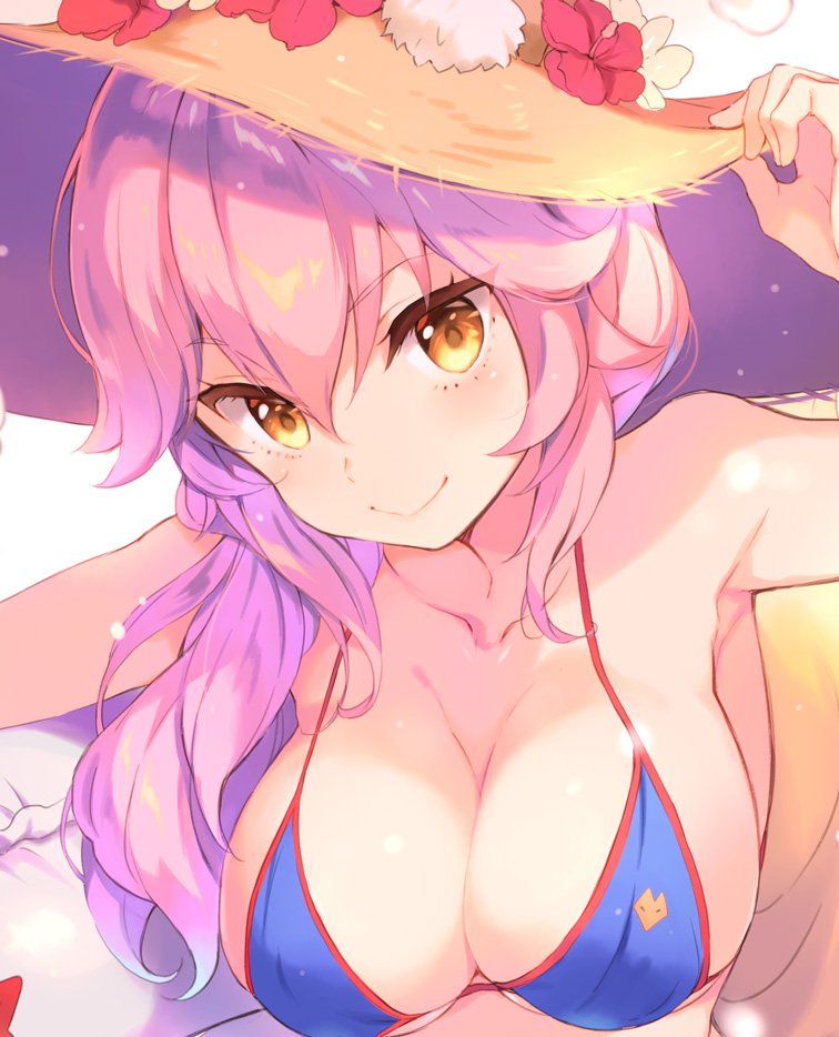 1girl animal_print bikini blue_bikini blush breasts cleavage collarbone fate/extra fate/grand_order fate_(series) fox_print fox_tail hat holding holding_hat innertube large_breasts long_hair looking_at_viewer pink_hair sakura_koharu smile solo straw_hat sun_hat swimsuit tail tamamo_(fate)_(all) tamamo_no_mae_(fate) tamamo_no_mae_(swimsuit_lancer)_(fate) yellow_eyes