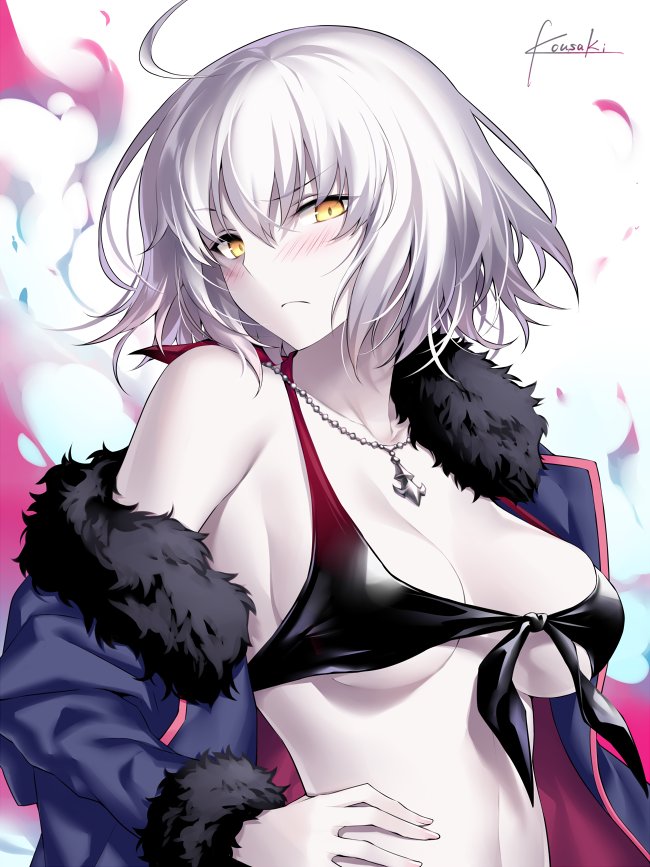 1girl ahoge artist_name bangs blue_coat blush breasts cleavage coat collarbone eyebrows_visible_through_hair fate/grand_order fate_(series) fur-trimmed_coat fur_trim hand_on_hip jeanne_d'arc_(alter)_(fate) jeanne_d'arc_(fate)_(all) jewelry kousaki_rui large_breasts necklace off_shoulder open_clothes open_coat pale_skin raised_eyebrow short_hair signature silver_hair solo waist wicked_dragon_witch_ver._shinjuku_1999 yellow_eyes