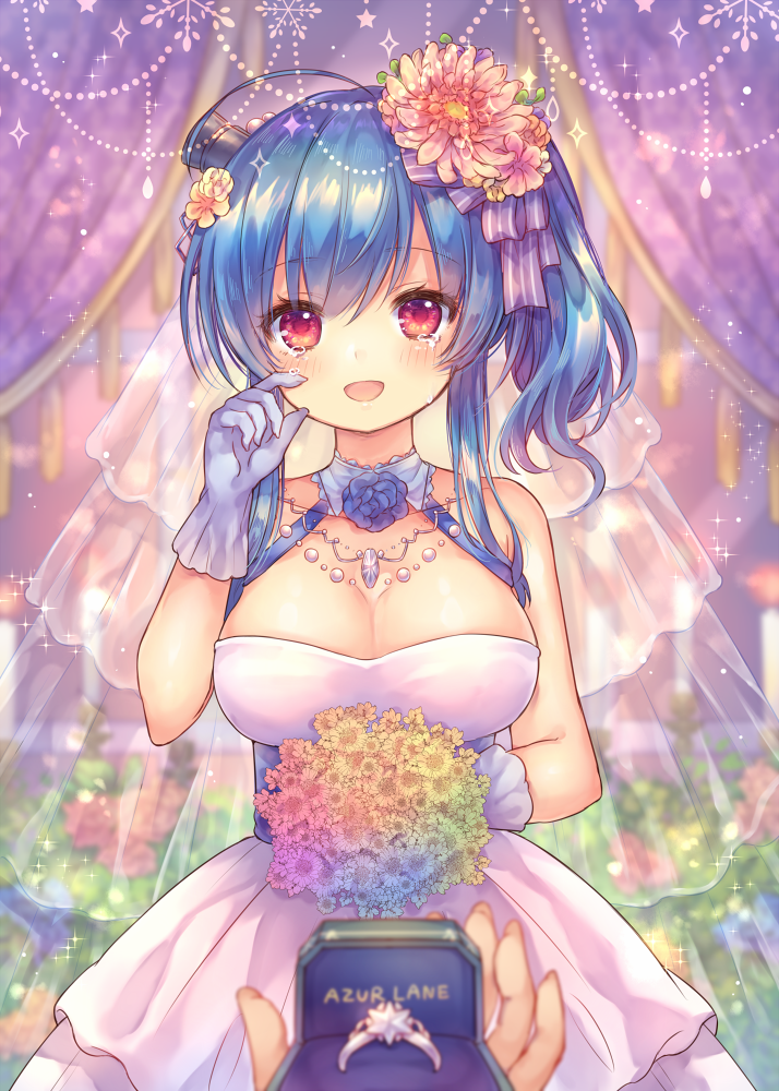 1girl :d azur_lane bangs bare_shoulders blue_flower blue_gloves blue_hair blue_rose blush bouquet breasts bridal_veil cleavage collarbone commentary_request copyright_name crying crying_with_eyes_open dress eyebrows_visible_through_hair fingernails flower gloves hair_between_eyes hair_flower hair_ornament holding holding_bouquet jewelry long_hair open_mouth pink_flower pjrmhm_coa rainbow_gradient red_eyes ring ring_box rose see-through side_ponytail sidelocks sleeveless sleeveless_dress smile solo_focus st._louis_(azur_lane) tears veil wedding_ring white_dress