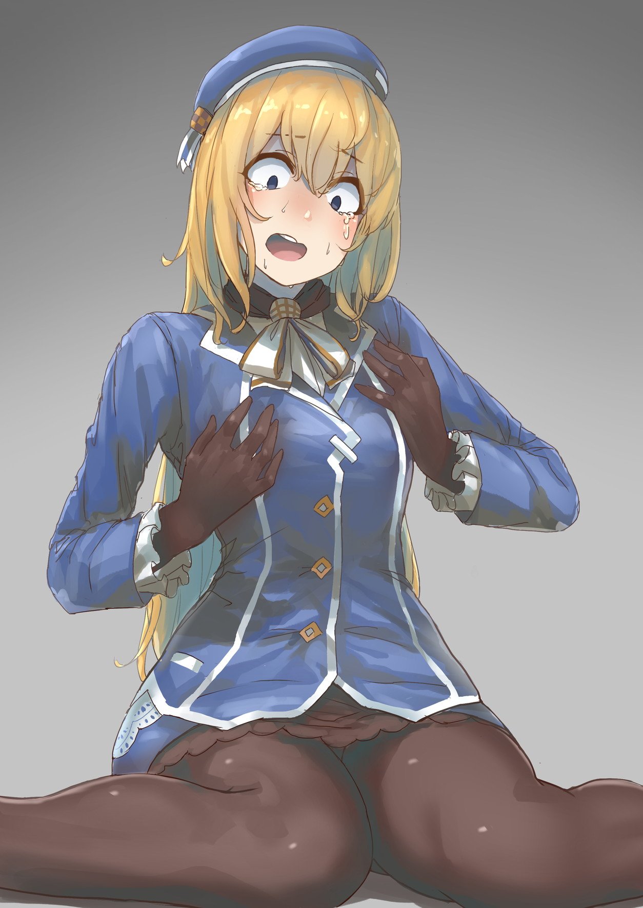 1girl alternate_breast_size ascot atago_(kantai_collection) beret black_gloves blonde_hair blue_eyes blue_hat blue_jacket blush breasts crying crying_with_eyes_open frilled_sleeves frills gloves gradient gradient_background grey_background hat highres horror_(expression) jacket kantai_collection long_hair long_sleeves looking_down mouth open_mouth pantyhose sidelocks sitting small_breasts solo tears teeth uniform uru_(uru0000) wariza