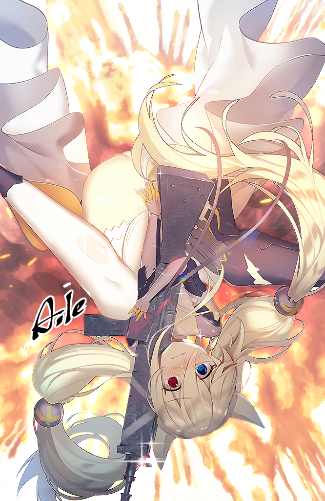 1girl aile_(crossroads) animal_ears artist_name ass bangs between_legs black_legwear blonde_hair blue_eyes blush cat_ears commentary_request explosion eyebrows_visible_through_hair feet_out_of_frame g41_(girls_frontline) girls_frontline glint gloves h&amp;k_g41 hair_between_eyes hair_ornament hand_between_legs heterochromia long_hair looking_at_viewer mismatched_legwear nose_blush object_hug object_namesake panties parted_lips red_eyes solo thigh-highs twintails underwear upside-down very_long_hair wavy_mouth white_legwear white_panties