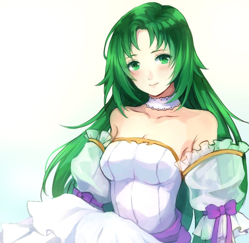1girl bare_shoulders breasts bride cecilia_(fire_emblem) cleavage dress elbow_gloves fire_emblem fire_emblem:_fuuin_no_tsurugi gloves green_eyes green_hair jurge long_hair simple_background smile solo strapless strapless_dress upper_body wedding_dress white_dress