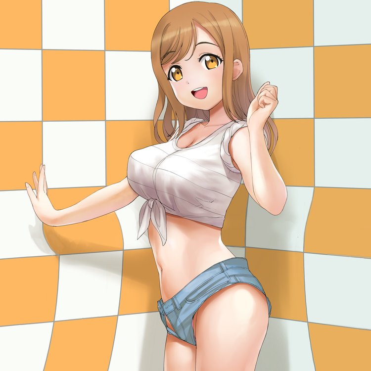 1girl a1 brown_hair commentary_request cowboy_shot denim denim_shorts kunikida_hanamaru long_hair love_live! love_live!_sunshine!! navel open_mouth round_teeth shirt short_shorts shorts sleeves_rolled_up smile solo teeth tied_shirt upper_teeth white_shirt yellow_eyes