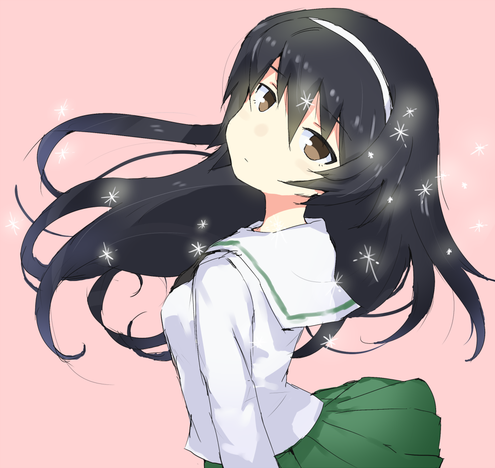 1girl bangs black_hair blouse brown_eyes closed_mouth eyebrows_visible_through_hair from_side gedou_(ge_ge_gedou) girls_und_panzer green_skirt hairband head_tilt light_frown long_hair long_sleeves looking_at_viewer looking_back ooarai_school_uniform pink_background pleated_skirt reizei_mako school_uniform serafuku simple_background skirt solo sparkle standing upper_body white_blouse white_hairband