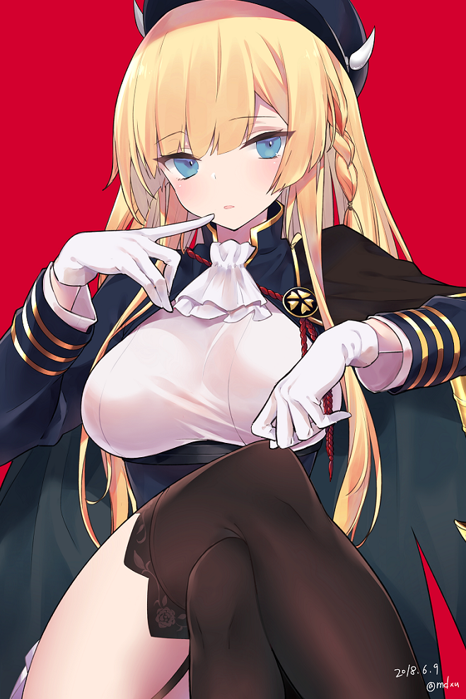 1girl ascot azur_lane black_cape black_hat black_legwear blonde_hair blue_eyes blue_jacket blush braid breasts cape dated finger_to_mouth floral_print garter_straps gloves hat horns jacket kongou_(azur_lane) large_breasts long_hair long_sleeves mimelond parted_lips red_background rose_print shirt simple_background sitting solo thigh-highs twitter_username very_long_hair white_gloves white_neckwear white_shirt