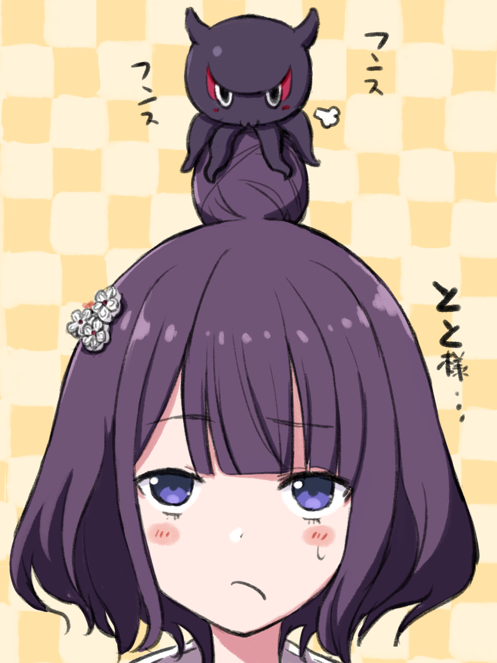 1girl bangs blue_eyes blush_stickers checkered checkered_background closed_mouth commentary_request engiyoshi eyebrows_visible_through_hair fate/grand_order fate_(series) hair_bun hair_ornament highres katsushika_hokusai_(fate/grand_order) looking_away looking_up octopus purple_hair revision short_hair solo sweat translated