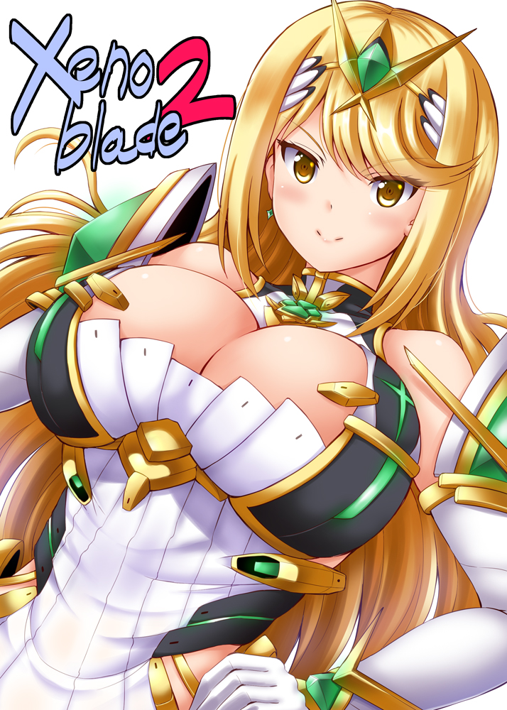 1girl armor bare_shoulders blonde_hair blush breasts cleavage copyright_name dress elbow_gloves gloves headgear mythra_(xenoblade) large_breasts long_hair looking_at_viewer sleeveless smile solo utanone_shion xenoblade_(series) xenoblade_2 yellow_eyes