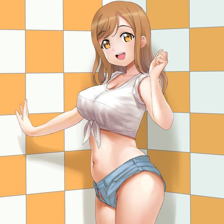 1girl a1 brown_hair commentary_request cowboy_shot denim denim_shorts kunikida_hanamaru long_hair love_live! love_live!_sunshine!! midriff navel open_mouth round_teeth shirt short_shorts shorts sleeves_rolled_up smile solo teeth tied_shirt upper_teeth white_shirt yellow_eyes