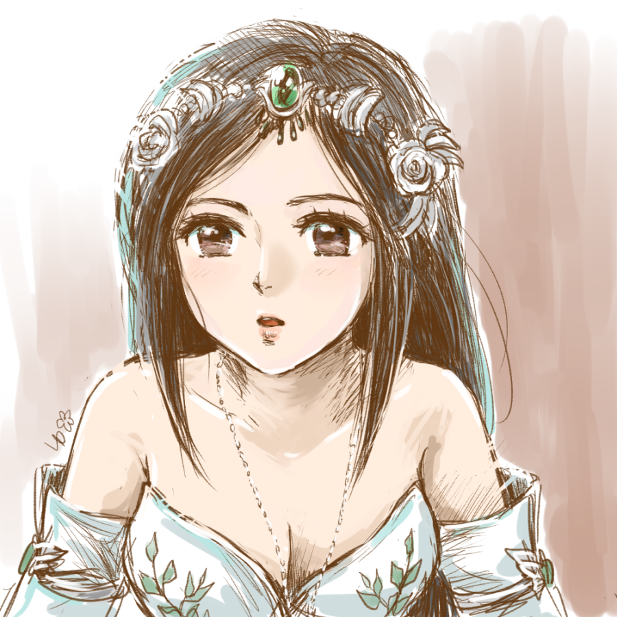 0014go 1girl black_hair blush breasts cleavage commentary_request dress final_fantasy final_fantasy_ix garnet_til_alexandros_xvii jewelry long_hair necklace solo tiara wedding_dress
