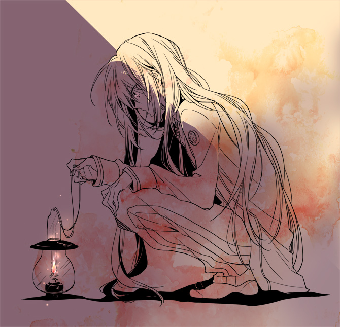 character_request fire flame hand_on_own_knee holding_lantern jacket lantern long_hair long_sleeves looking_down monochrome noeru_(putty) shoes solo spot_color squatting touken_ranbu