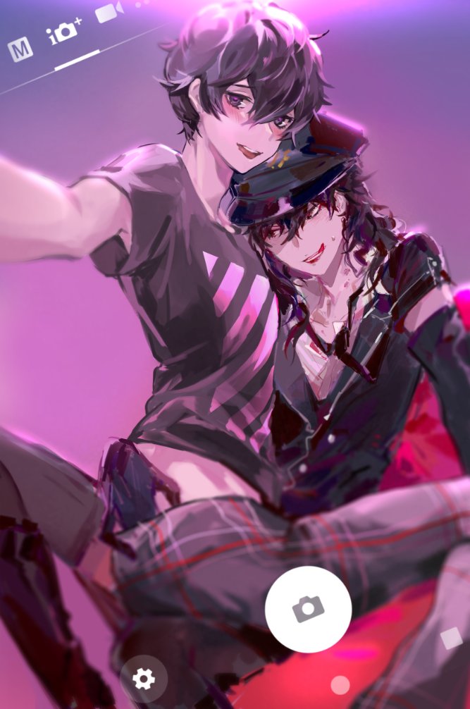 0zep0 2boys amamiya_ren black_hair crossdressinging dual_persona elbow_gloves gloves hand_on_another's_ass hat heart heart-shaped_pupils licking_lips looking_at_viewer multiple_boys persona persona_5 persona_5:_dancing_star_night persona_dancing police police_hat police_uniform reaching_out self_shot selfcest shirt symbol-shaped_pupils t-shirt tongue tongue_out uniform yaoi