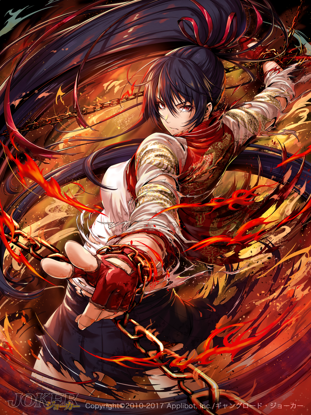 1girl arms_up bangs black_hair black_skirt breasts chains closed_mouth collarbone copyright copyright_name damaged dragon_print dress fingerless_gloves fire floating_hair from_behind furyou_michi_~gang_road~ gloves hand_up head_tilt highres jacket jewelry large_breasts light_particles long_hair looking_at_viewer official_art original pleated_skirt pointing pointing_at_viewer ponytail red_eyes red_gloves red_ribbon ribbon sakiyamama shion_tatara shirt sidelocks skirt solo thighs torn_clothes torn_jacket torn_skirt very_long_hair white_shirt wind wind_lift