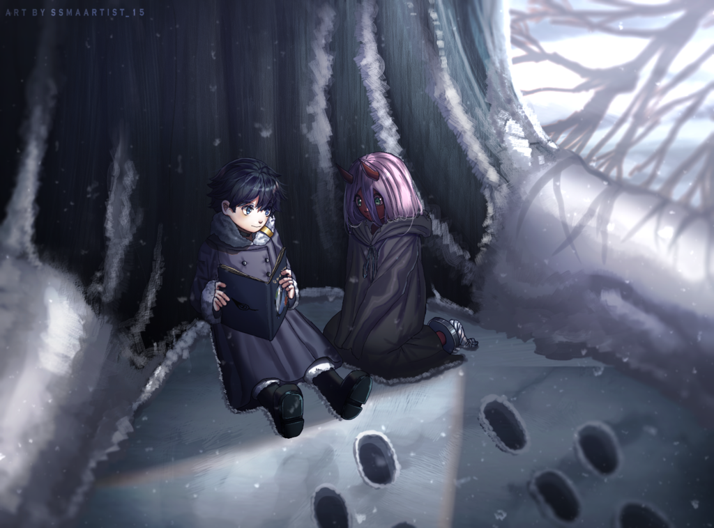 1boy 1girl anataka550 bandage bangs black_cloak black_hair blue_eyes book boots cloak coat commentary couple darling_in_the_franxx footprints fur_boots fur_trim green_eyes grey_coat hetero hiro_(darling_in_the_franxx) holding holding_book hood hooded_cloak horns long_hair looking_at_another oni_horns open_book parka pink_hair red_horns red_pupils red_sclera red_skin seiza short_hair sitting snow spoilers tree winter_clothes winter_coat younger zero_two_(darling_in_the_franxx)