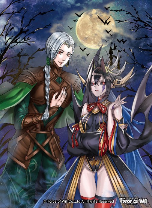 1boy 1girl banamons bare_shoulders bat black_hair black_sclera blue_hair bodysuit braid circlet copyright_name earrings force_of_will gill_(force_of_will) hair_ornament hair_stick jewelry long_hair moon multicolored_hair night night_sky official_art open_mouth orange_eyes red_eyes reiya_(force_of_will) sky tree two-tone_hair white_hair