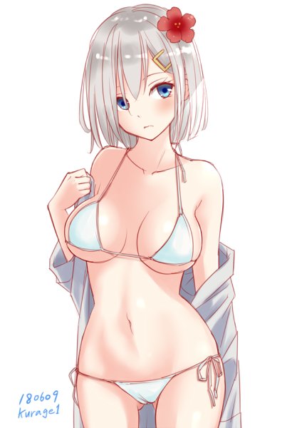 1girl artist_name bikini breasts cowboy_shot dated flower gluteal_fold hair_flower hair_ornament hair_over_one_eye hairclip hamakaze_(kantai_collection) hibiscus kantai_collection kurage1 large_breasts robe short_hair side-tie_bikini silver_hair simple_background solo standing swimsuit thigh_gap undressing white_background white_bikini