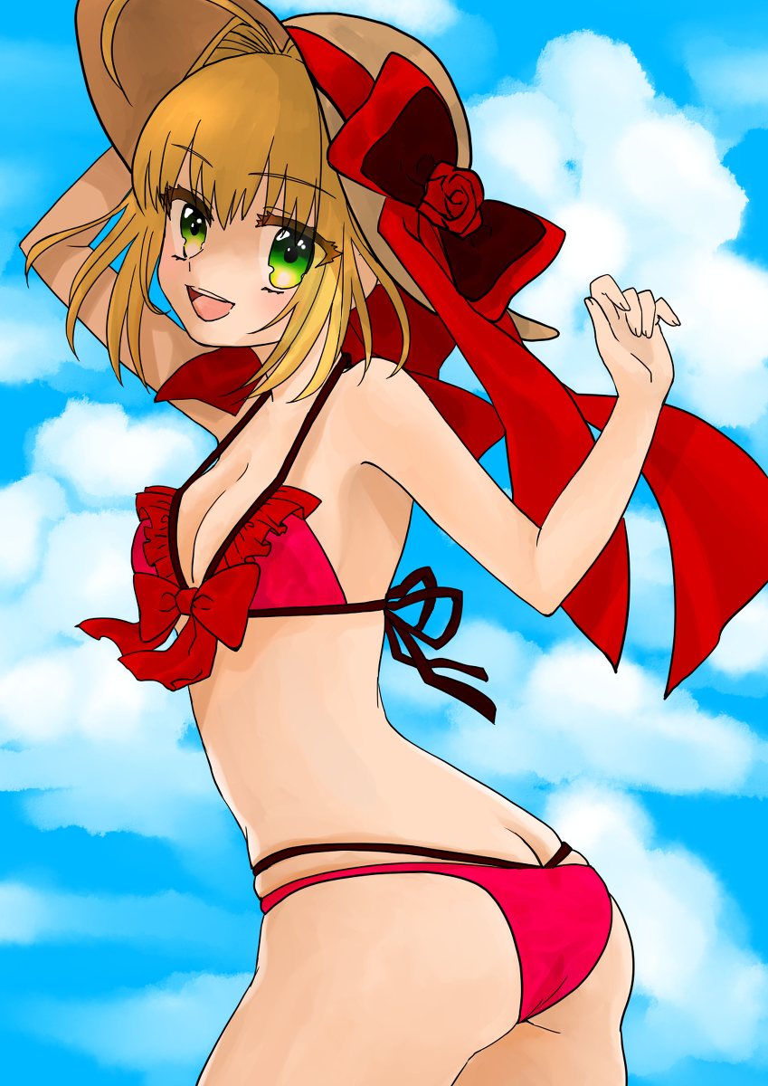 1girl ahoge ass back beach bikini blonde_hair fate/extra fate/grand_order fate_(series) green_eyes hat looking_at_viewer nero_claudius_(fate)_(all) red_bikini ribbon saber_extra sky solo summer swimsuit upper_teeth yamada_sakura