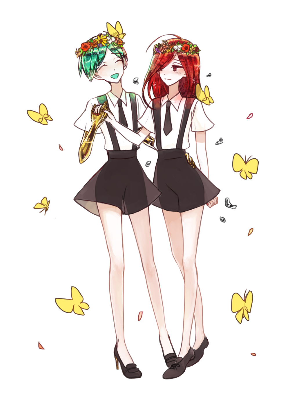 2others ahoge androgynous artist_request bug butterfly closed_eyes eyes_visible_through_hair flower full_body gem_uniform_(houseki_no_kuni) golden_arms green_hair hair_over_one_eye hand_holding hand_on_another's_hip head_wreath high_heels highres houseki_no_kuni insect multiple_others necktie phosphophyllite red_eyes redhead shinsha_(houseki_no_kuni) short_hair smile sparkle suspenders white_background