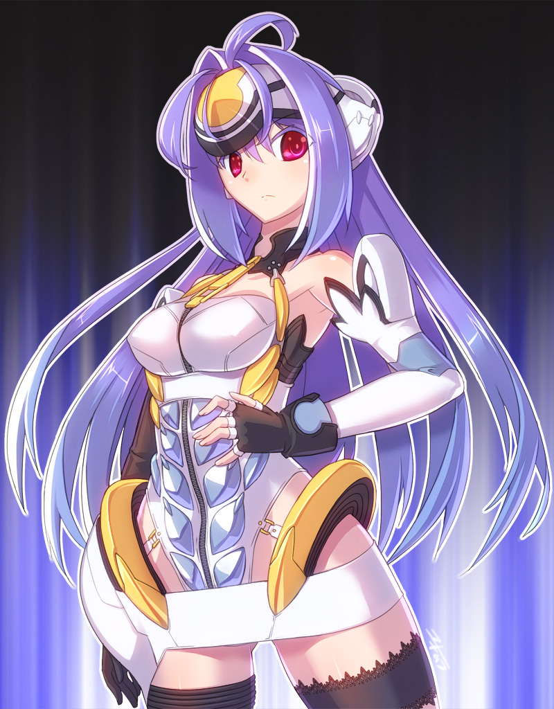 1girl android armpits bare_shoulders blue_hair breasts commentary_request cyborg elbow_gloves expressionless forehead_protector gloves graphite_(medium) highleg kos-mos leotard long_hair red_eyes solo standing thigh-highs traditional_media very_long_hair xenosaga xenosaga_episode_i yukimura_tsubame