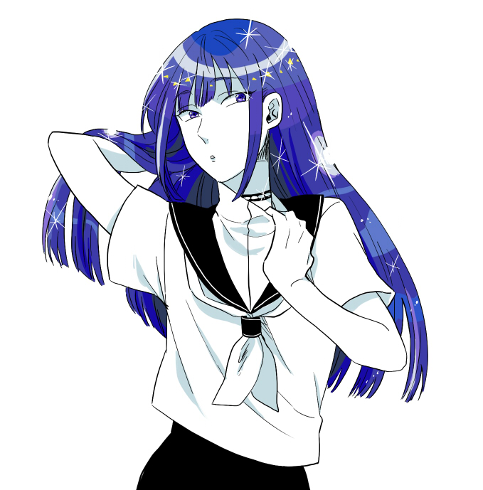 1other alternate_costume androgynous artist_request blue_eyes blue_hair contemporary hair_flip high_collar houseki_no_kuni lapis_lazuli_(houseki_no_kuni) long_hair looking_at_viewer neck_scar phosphophyllite phosphophyllite_(ll) sailor_collar scar school_uniform solo spoilers upper_body white_background